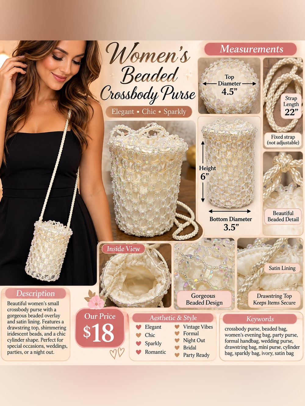 Ivory Beaded Crossbody Pouch - Elegant White Evening Bag